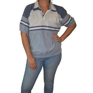 Vintage The Men's Store at Sears XL Polo Shirt White & Blue Striped Short Sleeve